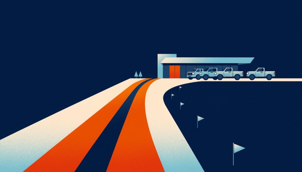 Illustration of a road with orange racing stripes leading to a dealership lot lined with pickup trucks