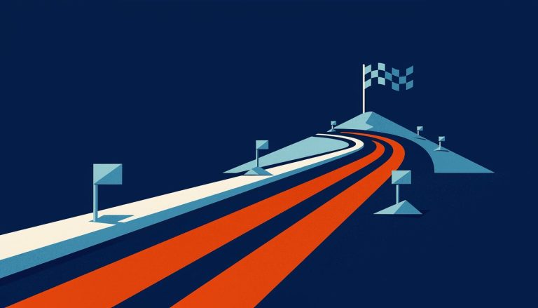 Illustration of a road with orange racing stripes climbing steadily toward a checkered finish flag
