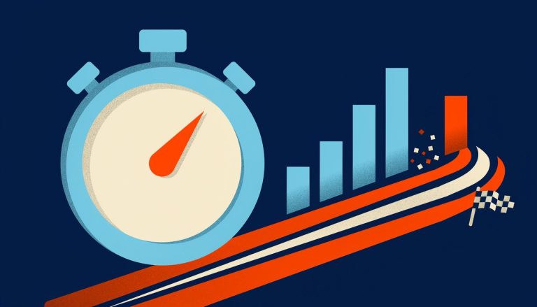 Illustration of a stopwatch beside a rising bar chart with orange racing stripes and a checkered flag