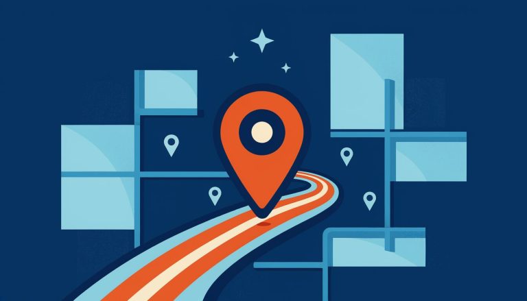 Illustration of an orange map pin on a simple map with a striped road leading to it and stars above